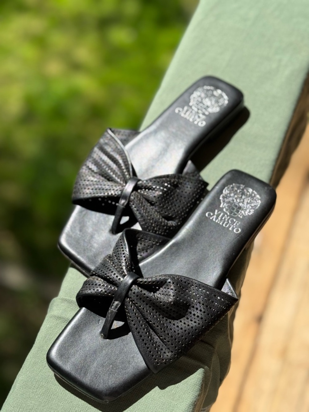 Vince Camuto Black Perforated Bow Slide Sandals